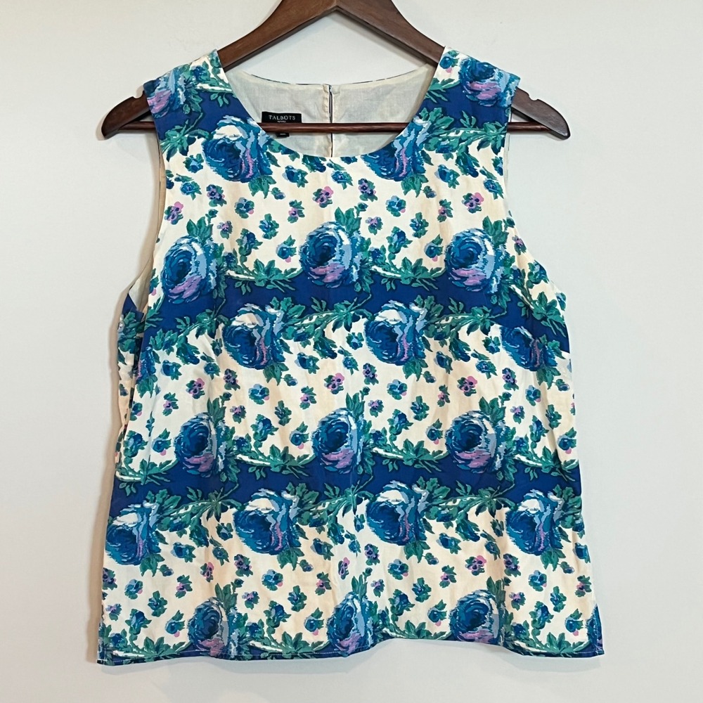 Talbots Womens Blue Green Floral Rose Sleeveless Shell Blouse Top Petite L